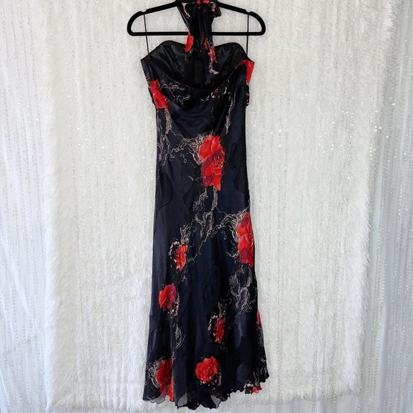 Paraf Sweetheart Halter Maxi Dress Size 12 (42EU) Black Red Floral Satin Jewels - Picture 2 of 12